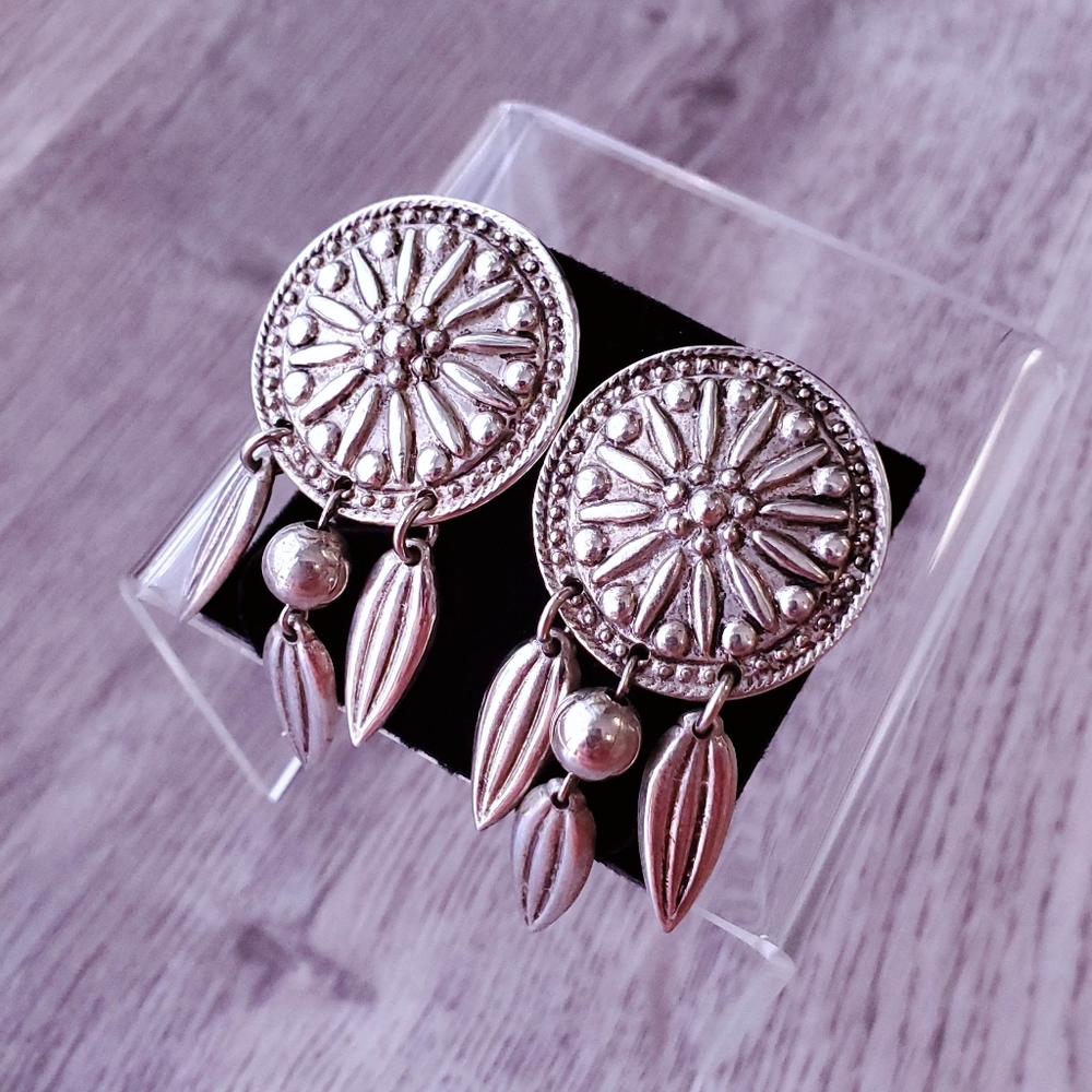 Dauplaise Vintage Earrings Silver-tone Pewter Large Statement Floral